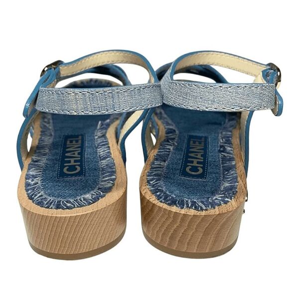 Chanel Fantasy Blue Calf Leather CC Logo Wooden Platform Sandals EU 38 US 7-7.5 - Picture 10 of 11